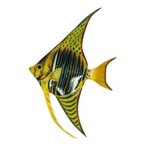 Tropical Bright Yellow Blue Striped Angel Fish Wall Hanger Bath Wall Decor